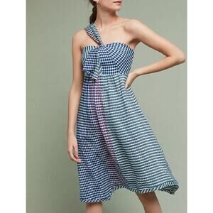 Anthropologie Maeve Waverly One Shoulder Plaid Dress Sz 4 Madras Blue Gingham